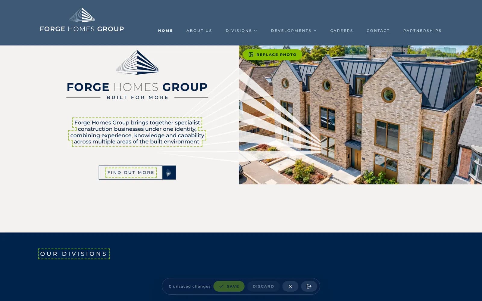 Page in edit mode with replace photo buttons