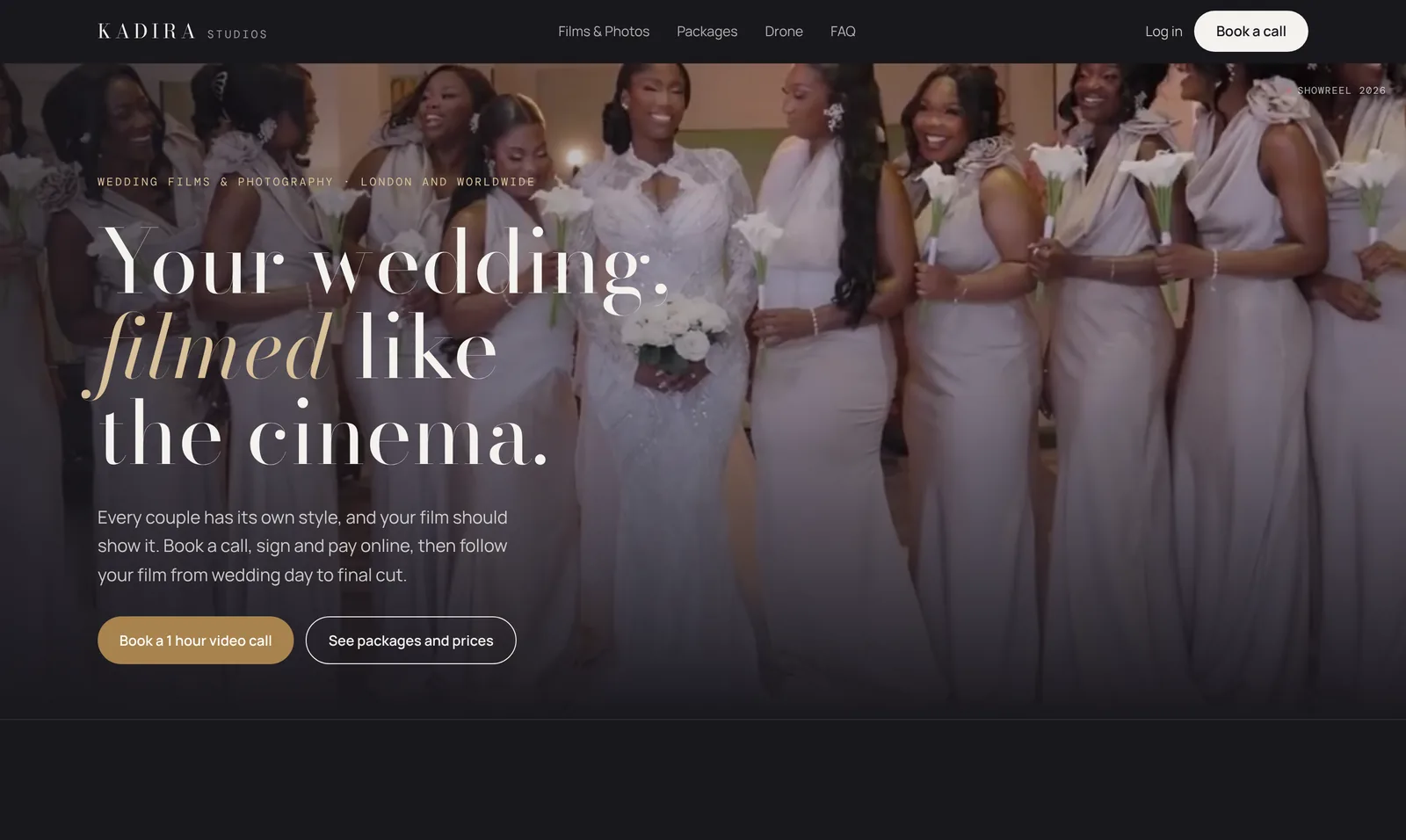 Kadira Studios home page with showreel hero