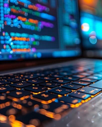 Code on a laptop screen with a backlit keyboard